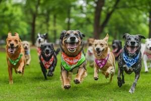 A group of dogs running in a park photo