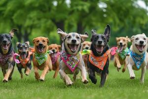 A group of dogs running in a field photo