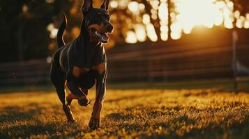 A doberman dog running in the grass at sunset photo