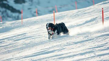 A dog running on a snow covered slope photo