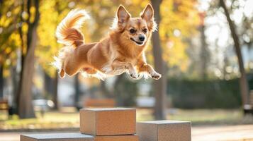 A dog jumping over a block in the park photo
