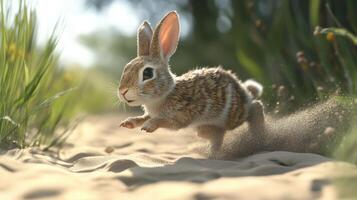 A rabbit running through the sand in the middle of a field photo