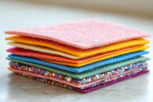 A stack of colorful felt squares on a table photo