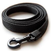 A black dog leash with a hook on the end photo