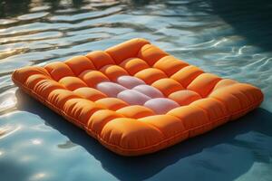An orange inflatable cushion floating in a pool photo