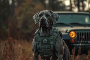 A dog wearing a vest and standing in front of a jeep photo
