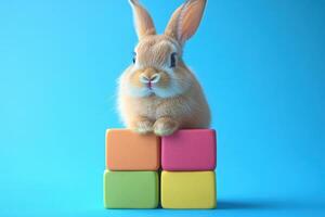 Rabbit Sitting on Colorful Blocks Against a Blue Background. photo
