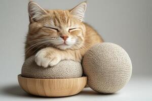 Cat Sleeping on a Bowl with Balls photo
