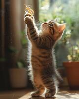 A kitten reaching up to catch a string photo