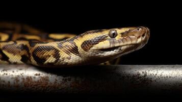 A ball python lies relaxed on a cool metal surface, exhibiting distinct color patterns. photo