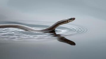 A slender water snake glides through a calm lake at dusk, creating gentle ripples. photo