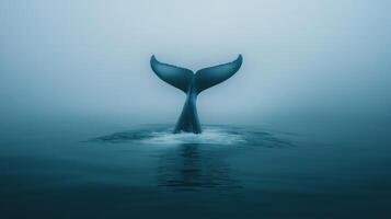 A whale's tail rises above the water, surrounded by mist in a serene ocean setting at dawn. photo