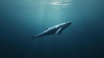 A large whale swims gracefully in dark ocean depths, illuminated by soft rays of light from above. photo