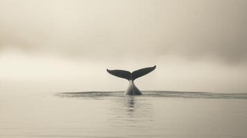 A whale displays its tail while surfacing in tranquil waters at dawn, surrounded by mist. photo