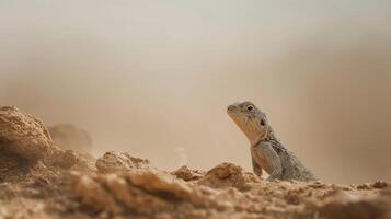 A lizard rests on the sandy ground, focusing on its surroundings while dust swirls in the air. photo