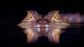 Crocodile eyes peek above the water's surface during dusk, creating a serene yet captivating moment. photo