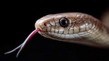 A snake showcases its unique scales and forked tongue in a dramatic low-light environment. photo