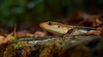 A vibrant lizard basks on a log amidst leaves and moss in a lush forest setting. photo