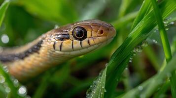 A snake navigates through lush green grass, reflecting droplets of water in sunlight. photo