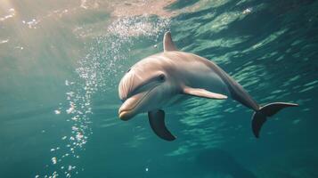 A playful dolphin swims effortlessly in the bright blue sea, surrounded by shimmering bubbles. photo