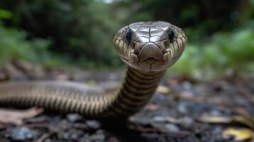 A detailed view of a snake navigating through a vibrant forest path on a sunny day. photo