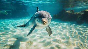 A playful dolphin swims effortlessly through crystal clear waters, showcasing its vibrant energy. photo