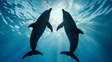 Two dolphins swim in harmony underwater, illuminated by sunlight filtering through the surface. photo
