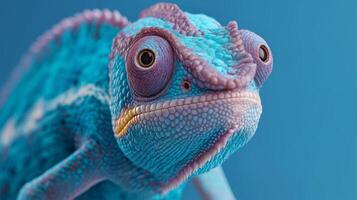 A colorful chameleon displays its detailed skin patterns and textures on a vivid blue backdrop. photo
