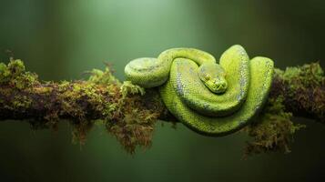 A green tree snake is coiled on a mossy branch in a vibrant forest, surrounded by lush greenery. photo