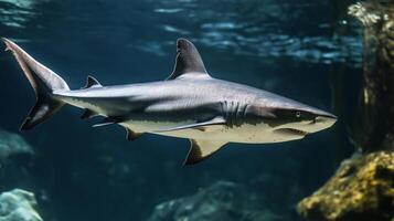 A large shark glides smoothly through the sparkling blue waters, showcasing its powerful form. photo