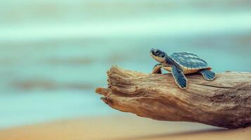 A small sea turtle is perched on a piece of driftwood, looking around as waves gently lap the shore. photo