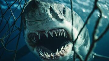 A toothy shark fights in a fishing net underwater, revealing its power and danger. photo