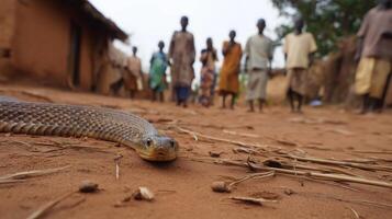 Villagers observe a snake slithering across the dusty ground in their village at noon. photo