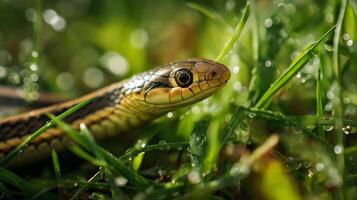 striped snake is coiled on fresh grass, glistening with morning dew in a vibrant setting photo