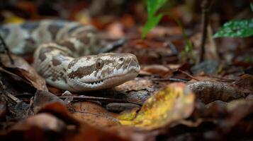 A python lies quietly on the forest floor, camouflaged by fallen leaves and twigs, in daylight. photo