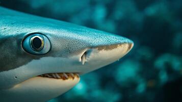 A shark swims gracefully through clear ocean water, showcasing its sharp features and vibrant color. photo