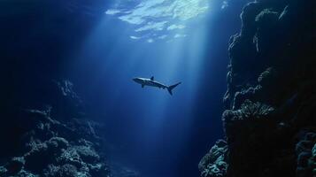 A shark glides through the deep ocean, surrounded by coral, as sunlight filters through water. photo
