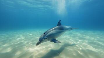 A dolphin swims effortlessly in clear blue water, showcasing its sleek form and playful behavior. photo