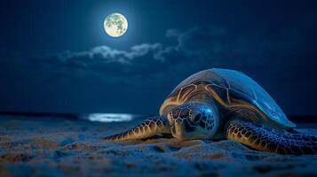 A sea turtle makes its way across the sandy beach illuminated by the full moon. photo