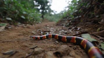 A vibrant coral snake moves steadily over a dirt pathway surrounded by dense green foliage. photo