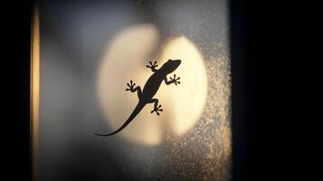 A lizard clings to a window, casting a striking silhouette against a vibrant sunset backdrop. photo