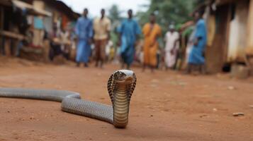 A large snake slithers down a dirt road, with villagers visible in the background. photo