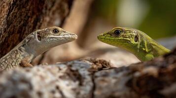 Two distinct lizards face each other on a textured tree branch, surrounded by green leaves. photo
