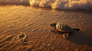 A small turtle makes its way to the ocean as waves crash gently on the shore at sunset. photo
