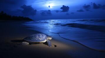 A turtle makes its way across the shore at night, navigating the sand under moonlight. photo