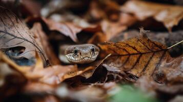 A snake blends seamlessly with fallen leaves on the forest floor during autumn. photo