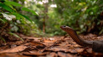 A snake navigates through a vibrant tropical forest, blending with its surroundings. photo