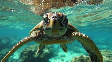 A sea turtle swims through clear water, displaying its vibrant shell and curious look. photo
