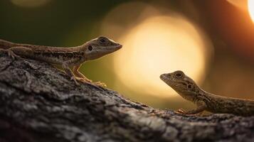 Two lizards are perched on a textured branch, illuminated by the warm glow of the setting sun. photo
