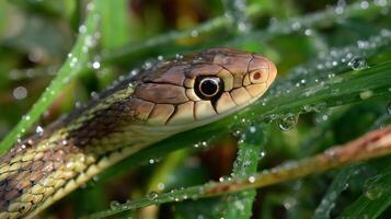A green snake hides in dew-covered grass, showcasing vibrant colors and patterns. photo